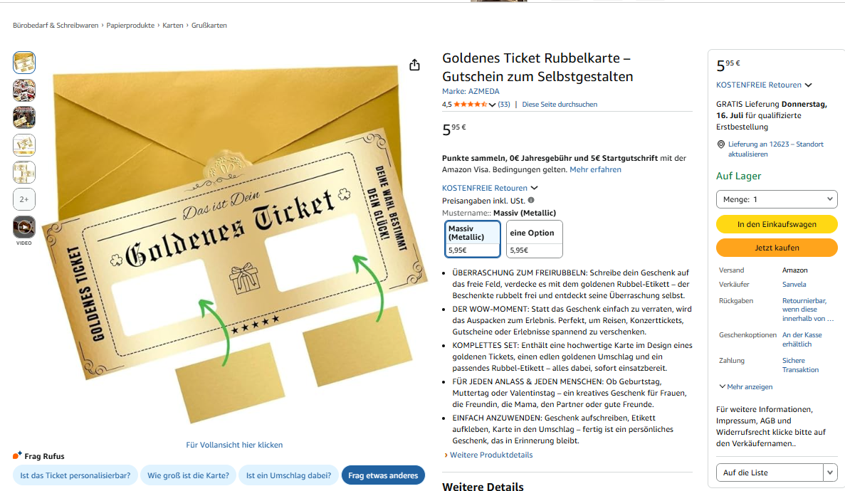 AZMEDA Goldenes Ticket auf der Amazon.de-Produktseite
